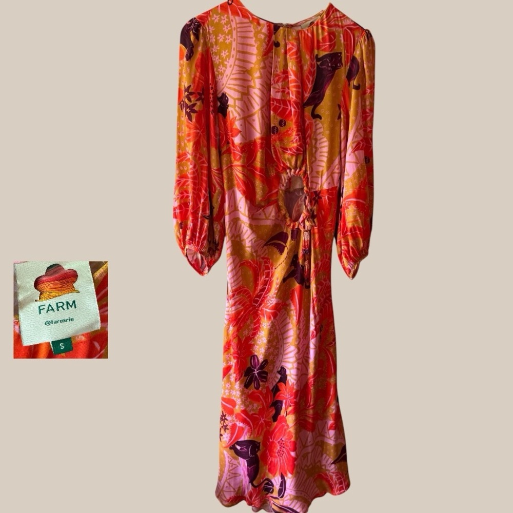 Farm Rio Orange Floral Midi Dress with Puff Sleeves - Picture 4 of 4